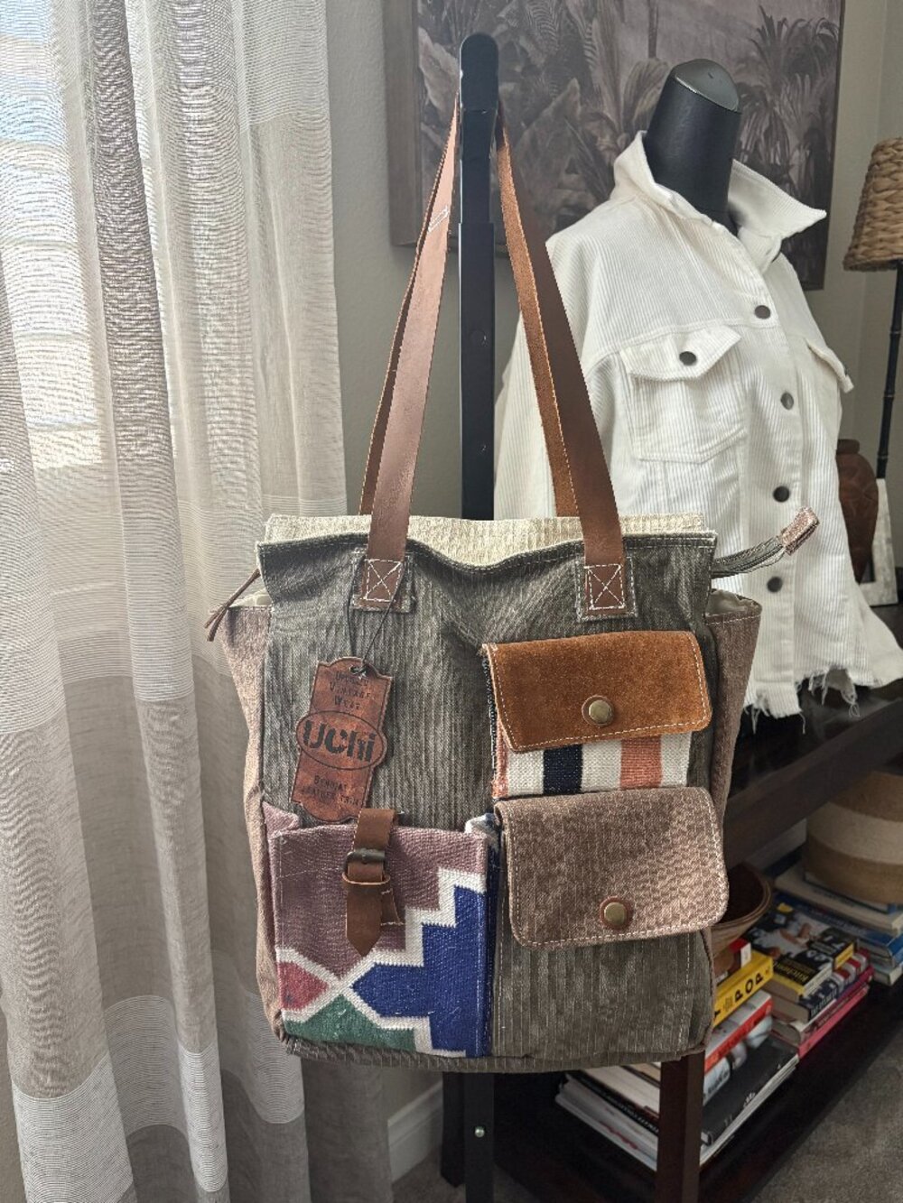 UCHI upcycled messenger bag with Dhurry Canvas & Genuine Leather Trim